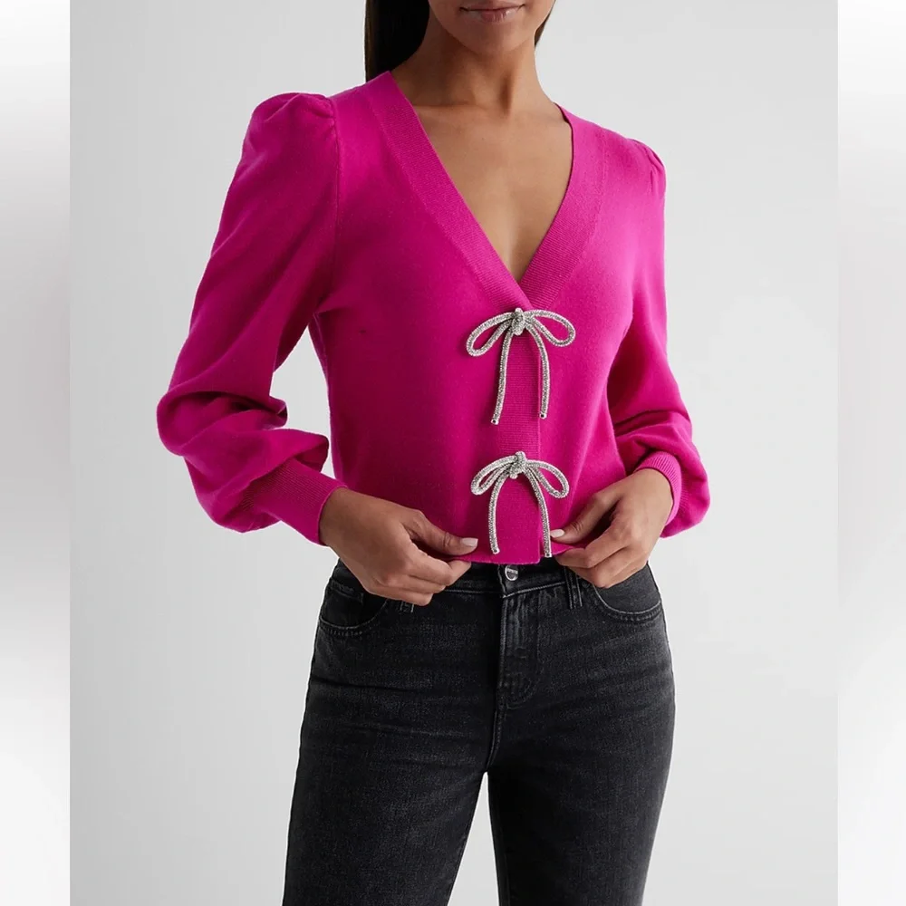 EXPRESS Vibrant Pink Sweater with Bow Accents - Picture 5 of 5